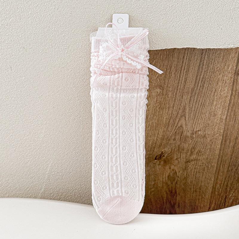 Children Spring Summer Mid-calf Socks Girls Lolita Thin Lace Calf Socks JK Pink Bowknot Sweet Loose Socks Stockings for 3-8Y