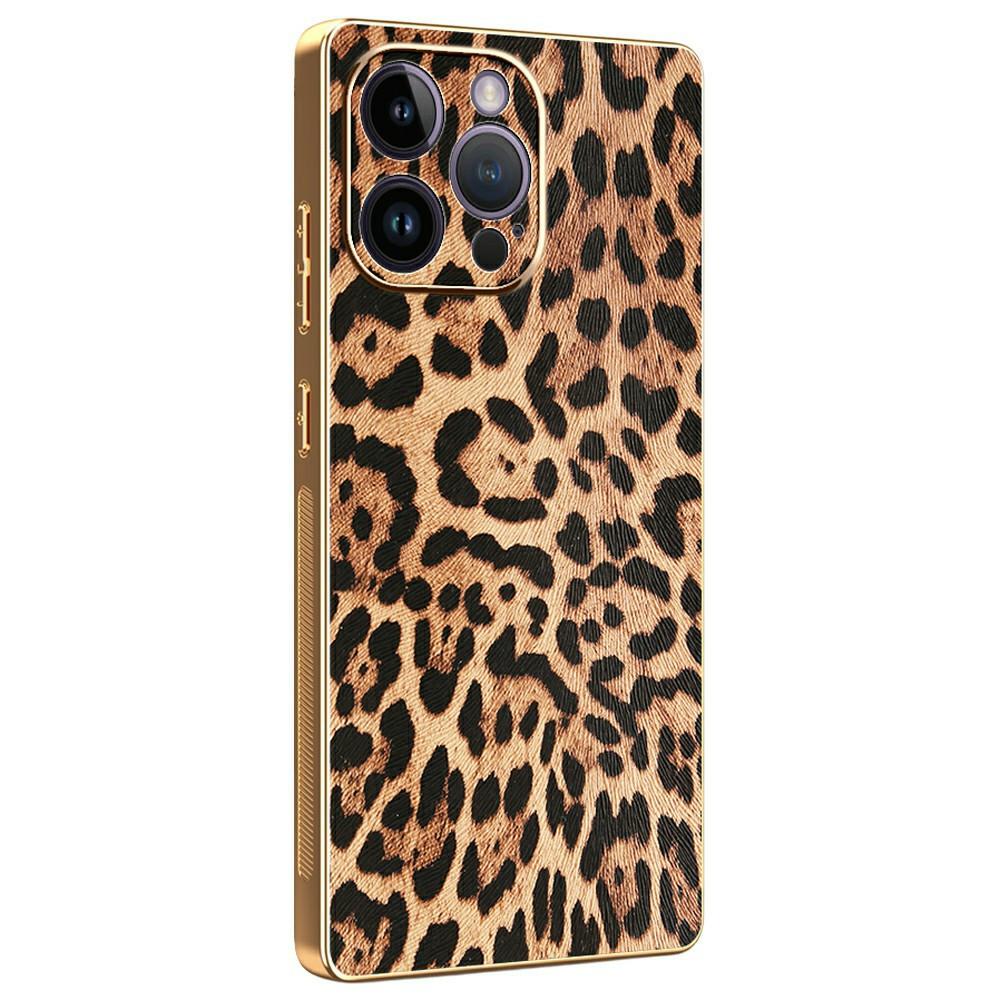 

For iPhone 14 Pro Max Case Leopard Print PU Leather Coated PC+TPU Electroplating Phone Cover A
