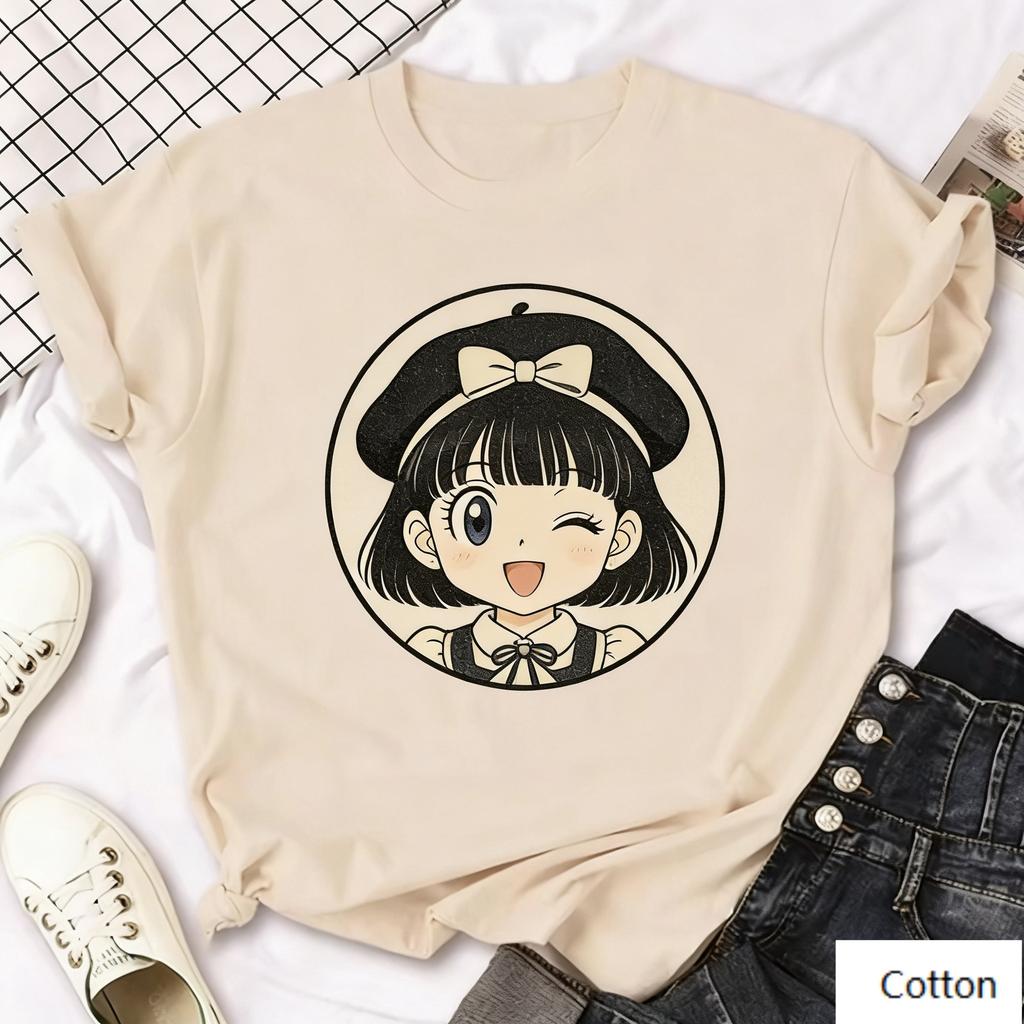 Vintage Anime Girl Print Cotton T Shirt Unisex Women Retro Streetwear Loose Casual Tee