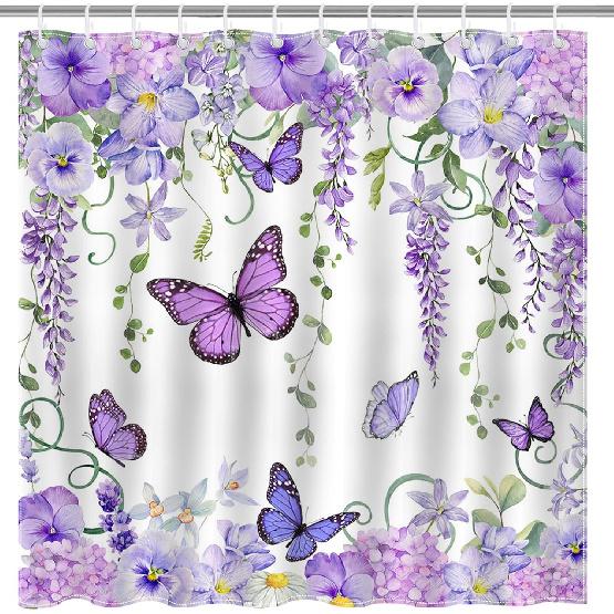 Mocsicka Purple Butterfly Shower Curtain Spring Purple Floral Butterfly Bathroom Shower Curtain Nature Garden Plant Waterproof Fabric Shower Curtain