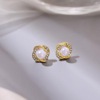 Exquisite Small Imitation Pearl Stud Earrings Women Simple Korean Metal Screw Design Ear Zircon Birthday Friend Christmas Gift