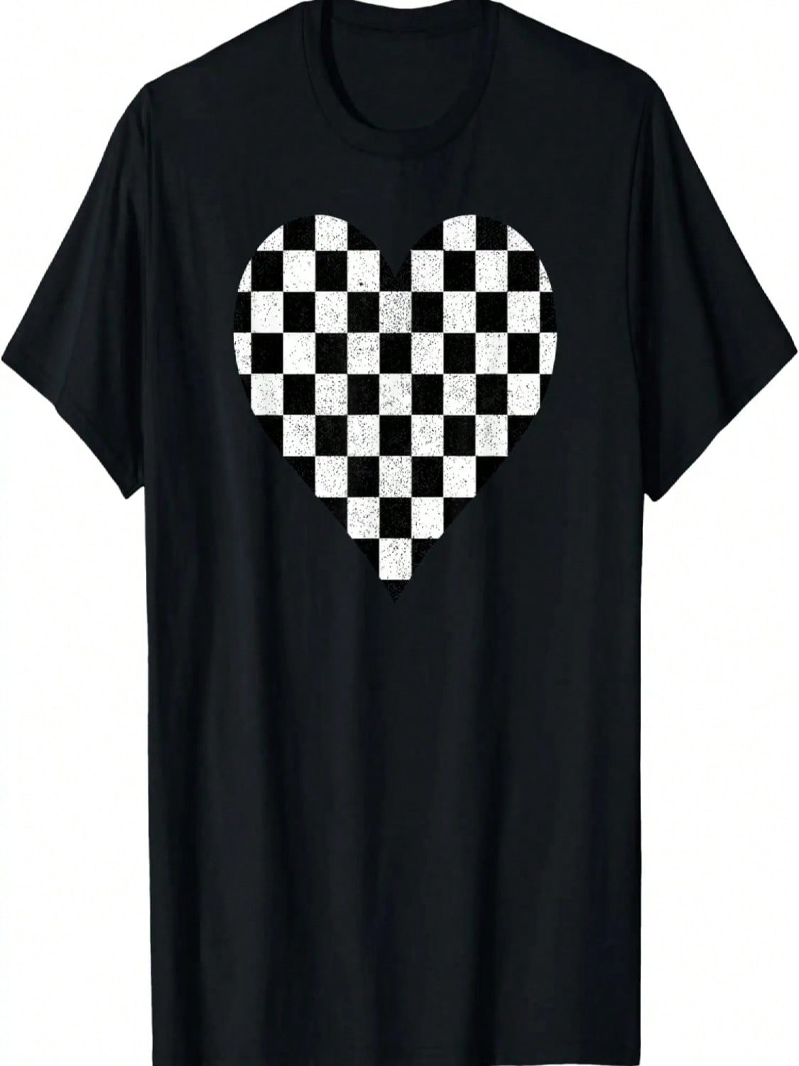 Checkered Love Heart Black And White Plaid Distressed Tshirt T-Shirt S разноцветный