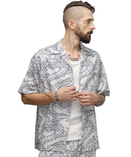 Schott NYC Hawaiian Shirt "DRAGON" / 782-4123012 Men's Medium 030 White