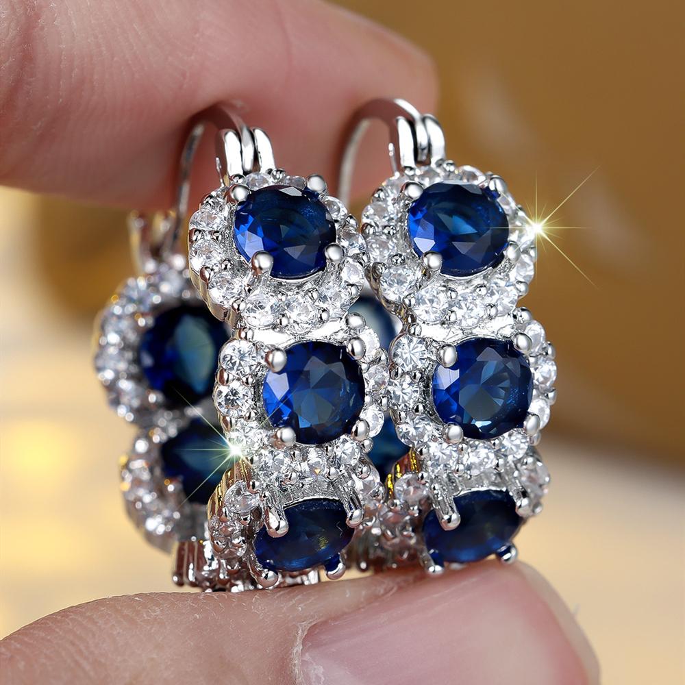 Exquisite Blue Cubic Zirconia Hoop Earrings for Women Elegant Purple Zircon Circle Earrings Wedding Party Jewelry Gift