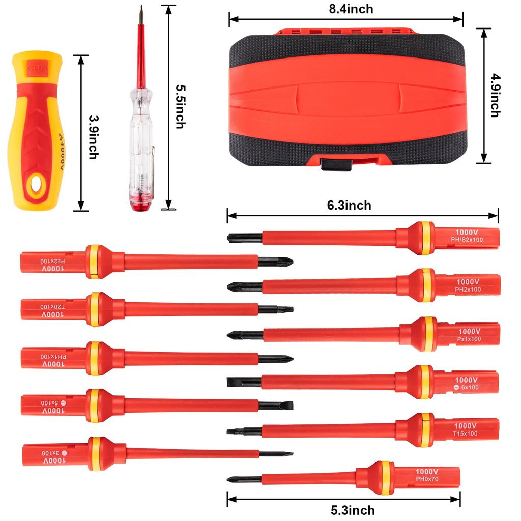 13Pcs Phillips Flathead Insulated Screwdriver Set High Voltage Electrician Tool Kit with Storage Case