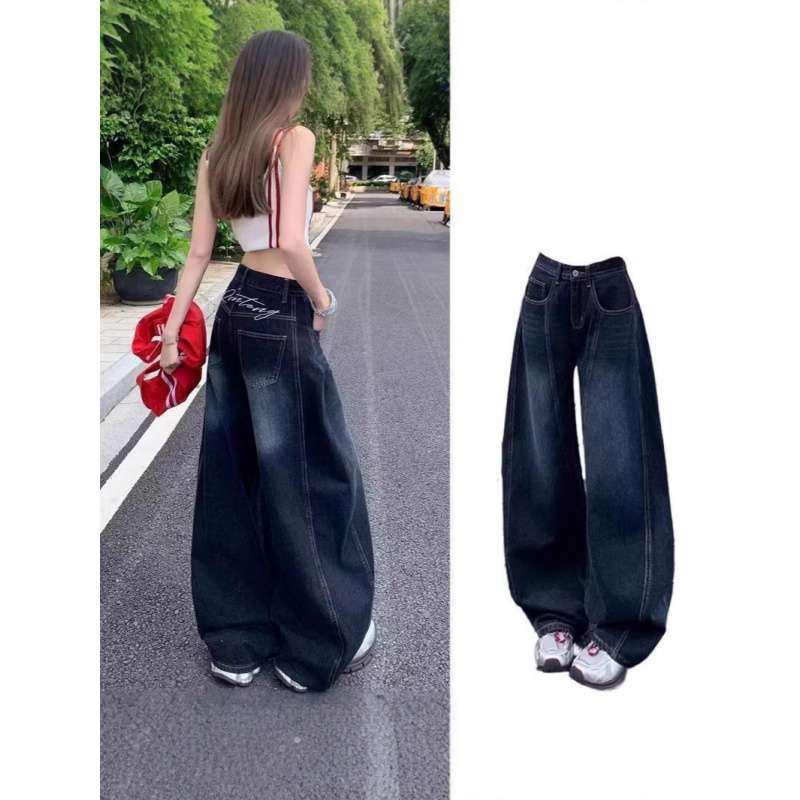 Women s Autumn 2026 Retro Wide-Leg High-Waist Embroidered Scimitar Jeans L сине серый