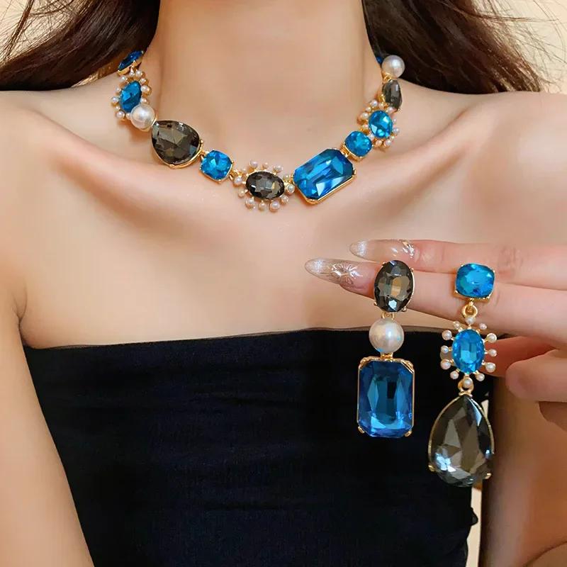 3 Pcs French Light Luxury Zircon Set for Women Water Drop Rhinestone Pearl Necklace Fashion High Sense Accessories Sets Wedding