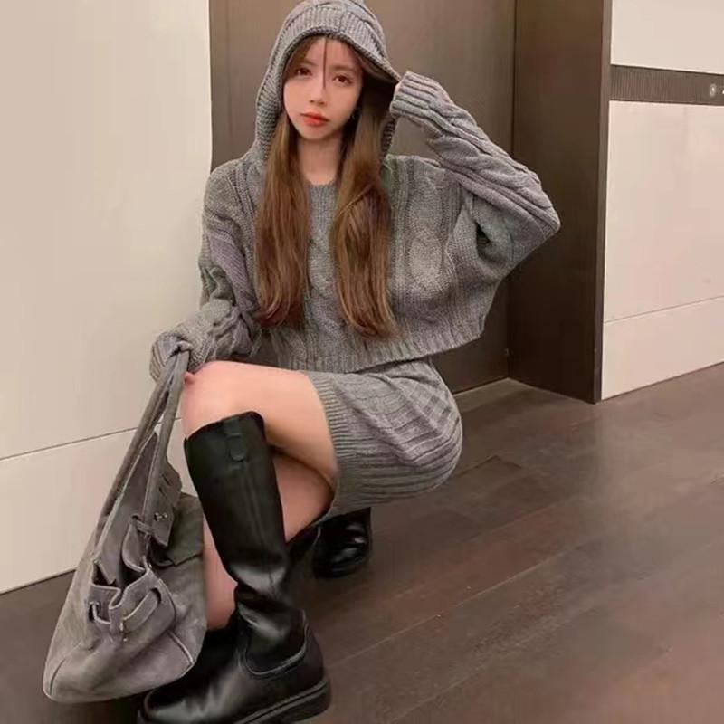 Elegant Autumn/Winter Hooded Loose Pullover Women Sweater New Retro Women High Waist Hip Short Skirts 2-piece Set Set Knitted Twist Outfits Clothing