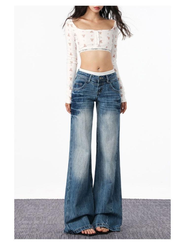 Fashionable Comfortable Vintage Wide Leg Jeans Female Autumn Skinny Low Waist Loose Straight Peplum Trousers Jeans for Women Long Denim Pants