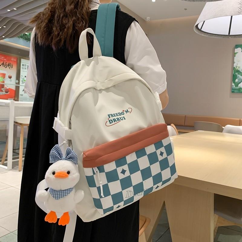 Simplified Checkered Letter Pattern Student Backpack With Plush Pendant For Middle School Students