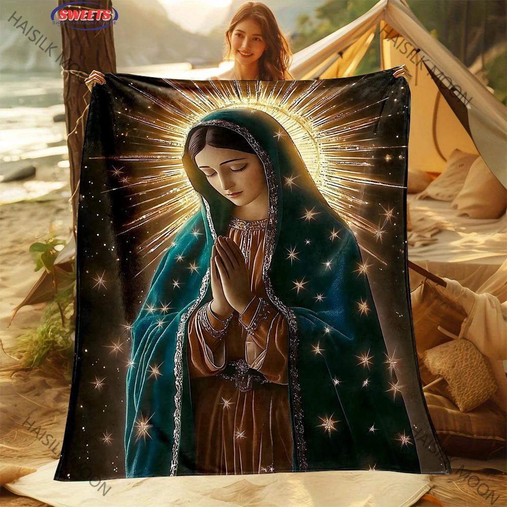 3D Panna Maria Modlící se Křesťanský Bůh Flanelová Umělecká Deka Přehoz na Pohovku Postel Kancelář Čtyři Roční Období Měkká Nadýchaná Prošívaná Deka Flanelový Přehoz