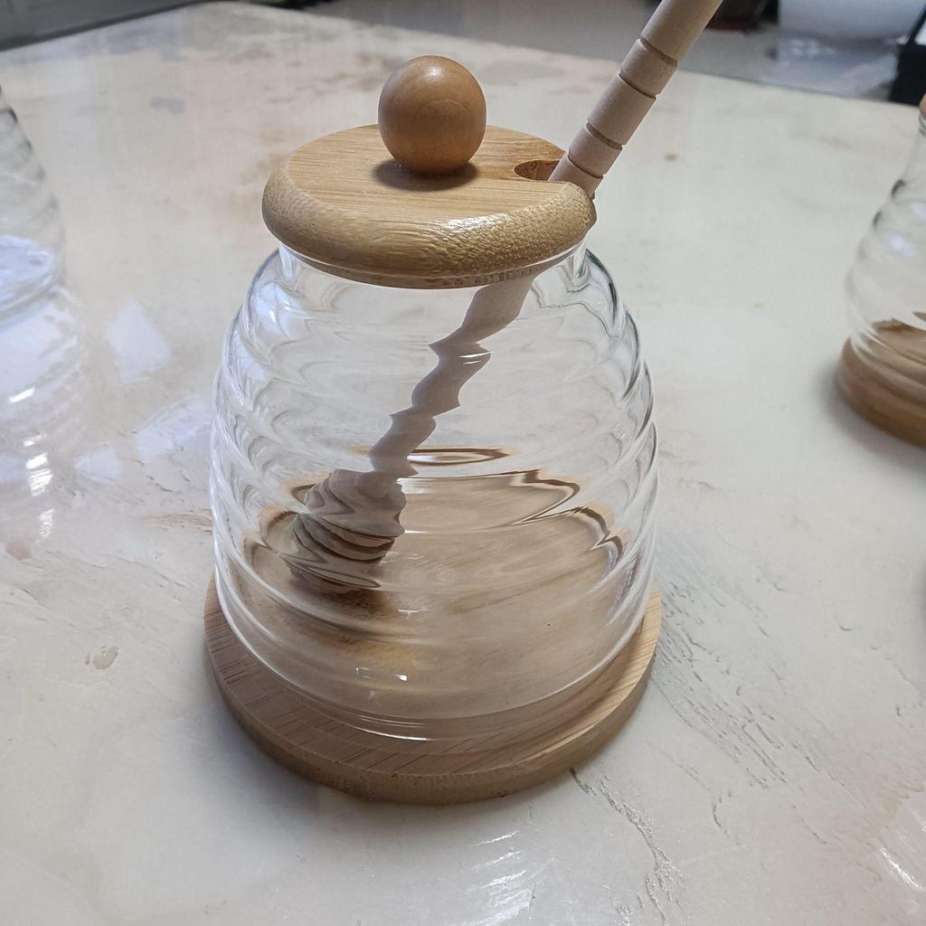 High Borosilicate Transparent Glass Honey Jar with Stirrer and Lid