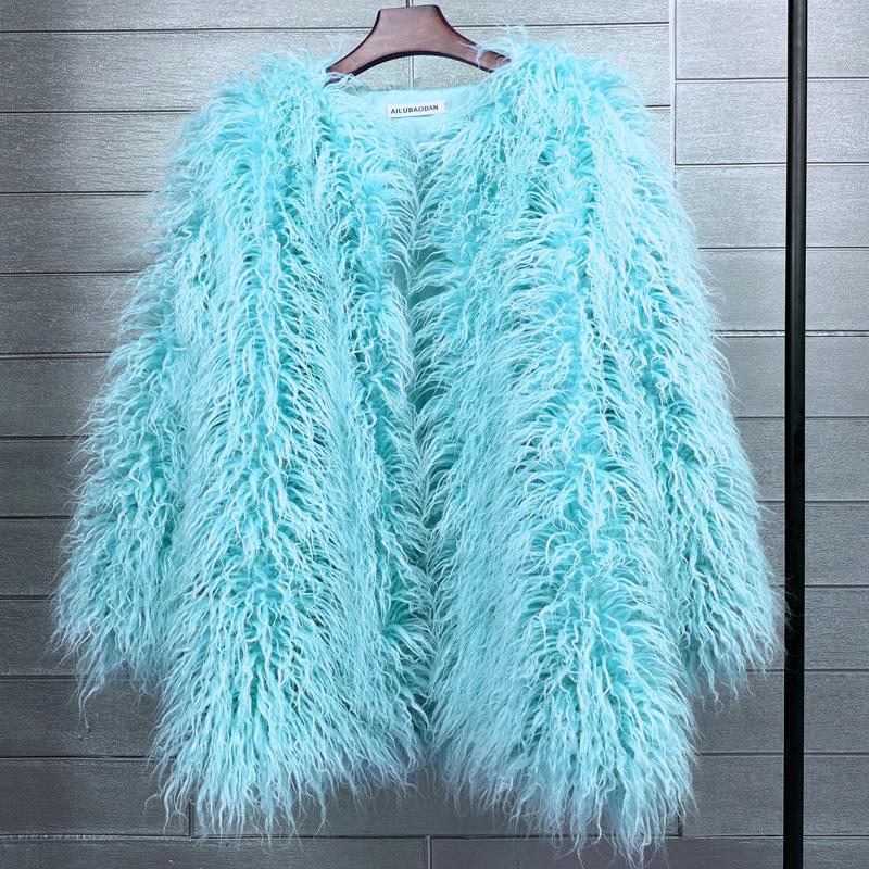 Korean Style Women's Tan Faux Lamb Wool Mid-Length Coat