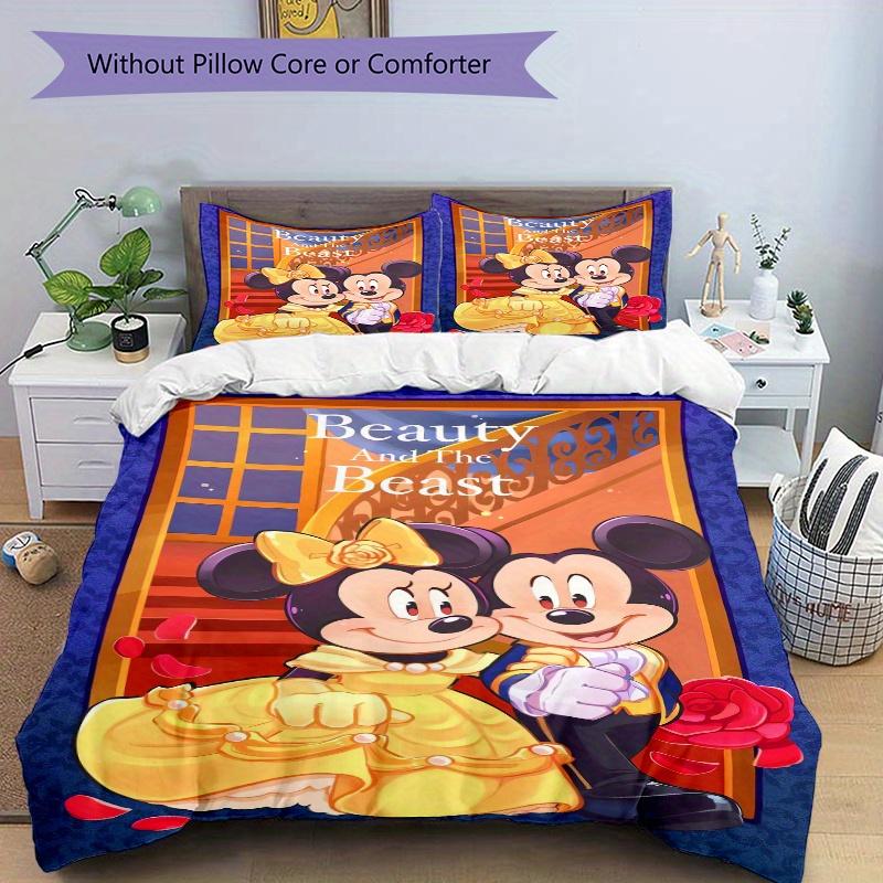 3pcs Beauty and the Beast Theme Mickey and Minnie Bedding Set Includes 1 Quilt Cover and 2 Pillowcases, Comfortable Bedding
