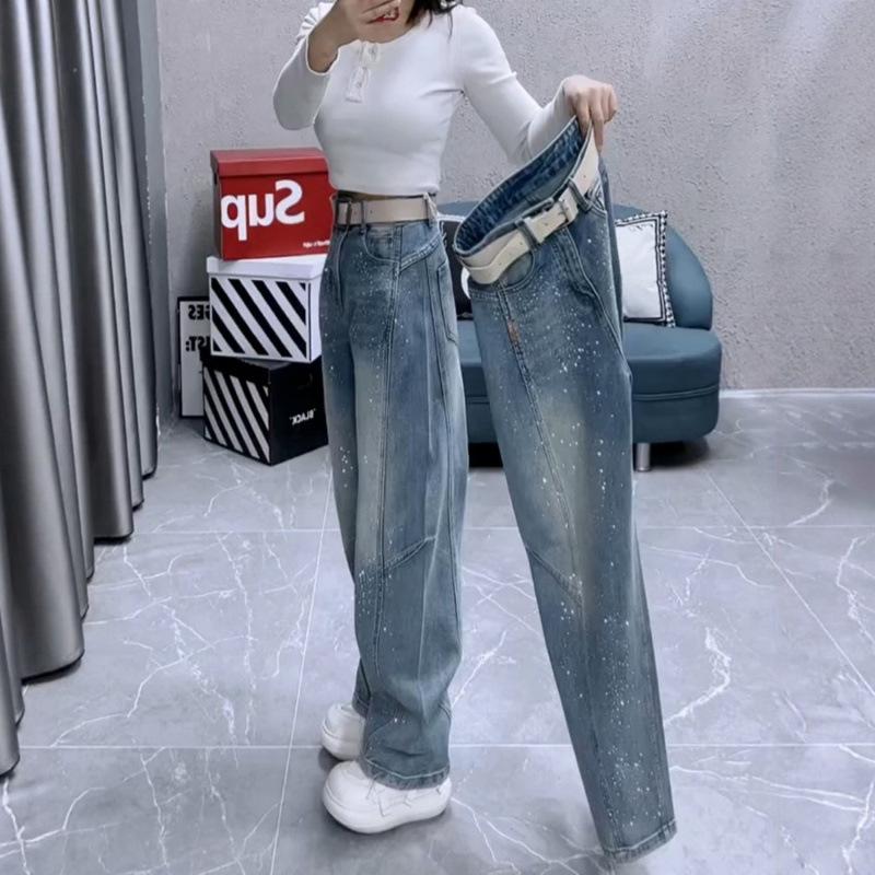 Spring 2026 European Style Plus Size High Waist Rhinestone Denim Pants - Women's Loose, Slimming, Versatile Straight Leg