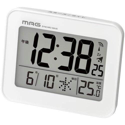 MAG (Mag) Alarm Clock, Compact, Digital, Radio-Controlled Clock with Thermometer, Calendar, Electronic Sound, Alarm, Snooze, and Light, White, Farman