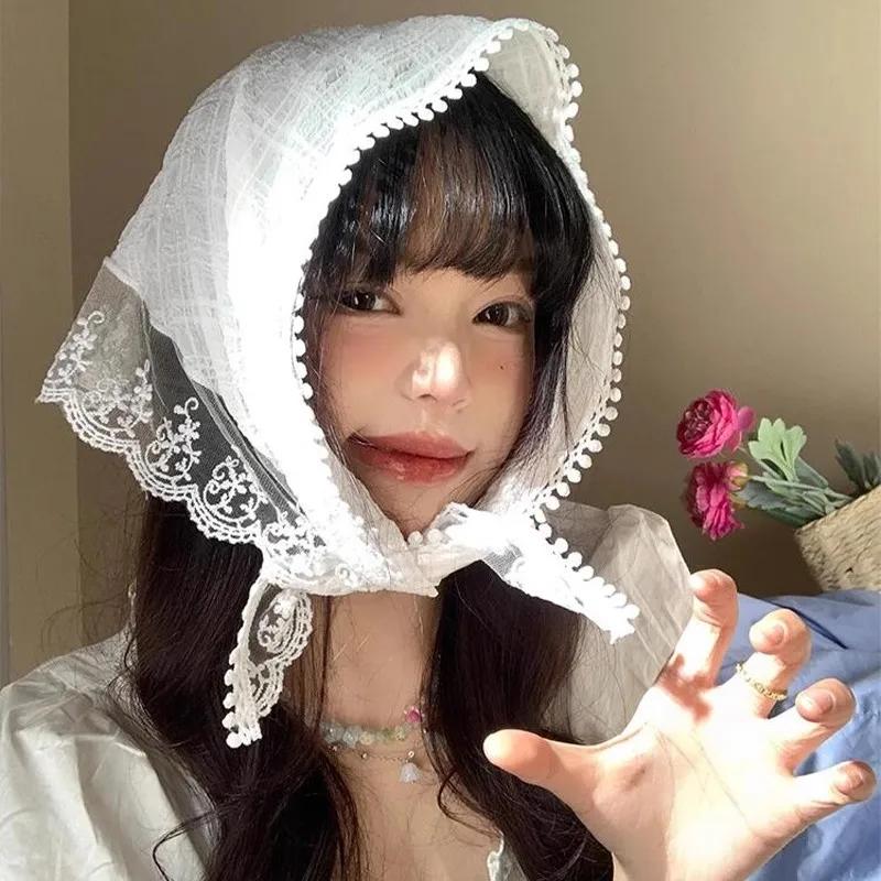 Fashion Summer Sweet Flower Lace Headscarf for Women Korean INS Triangle Scarf Hairband Cute Pastoral Style Hair Accessories