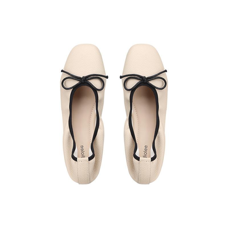 Advanced Sheepskin Version~ Grape Mother Same Gentle Bow Square Head Shallow Mouth Flat Bottom Soft Sole Ballet Single Shoe Women