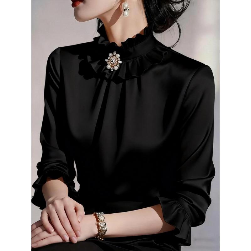 Women ruffled stand collar satin three quarter sleeve shirt multi color slim fit rhinestone pearl brooch office elegant blouse