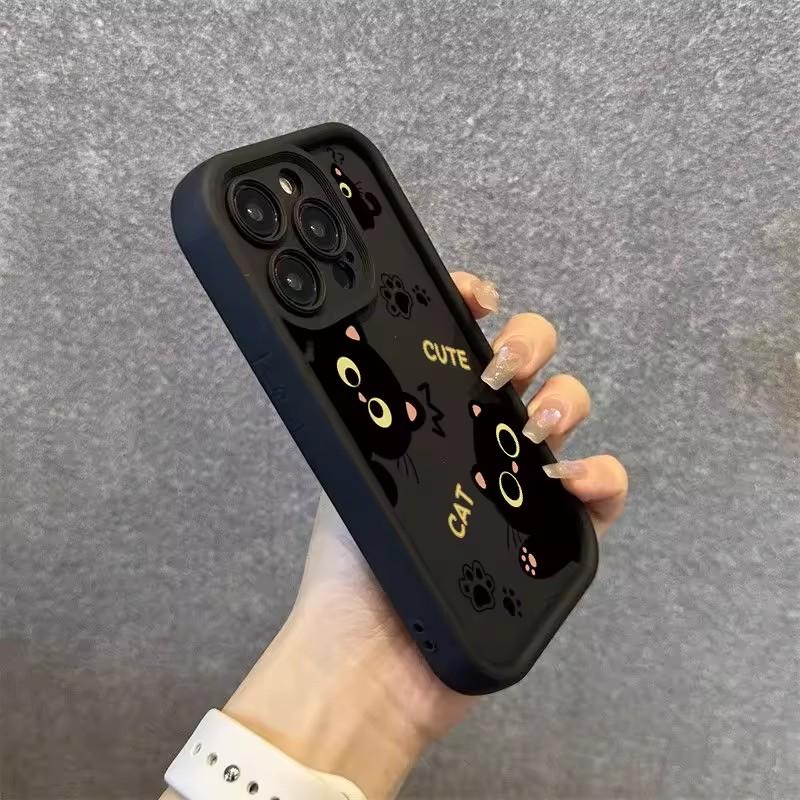 Lovely Black Cat Silicone Case For iPhone 16 15 13 12 11 14 Pro Max Plus 16E 16 Plus SE2 8 7 Plus X XS XR Shockproof Back Covers