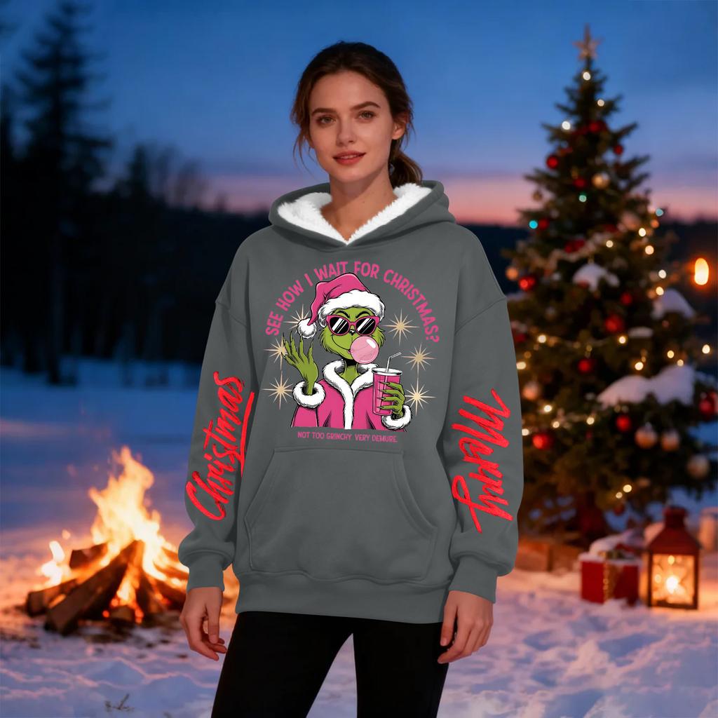 Dámská ležérní móda Plus sametová zateplená mikina s kapucí s vánočním potiskem