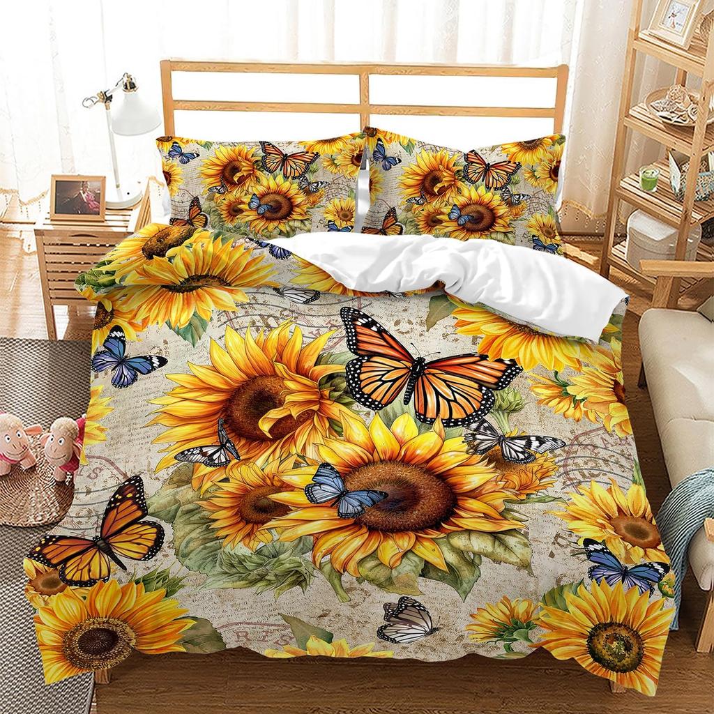 Sunflower Duvet Cover Set Queen Size Butterfly Comforter Set Retro Yellow Flower Quilt Cover 3 Piece Set With 2 Pillowcases