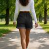 Women Casual Loose Fit Denim Shorts with Elastic Waistband Adjustable Drawstring and Rolled Hem for Daily Wear