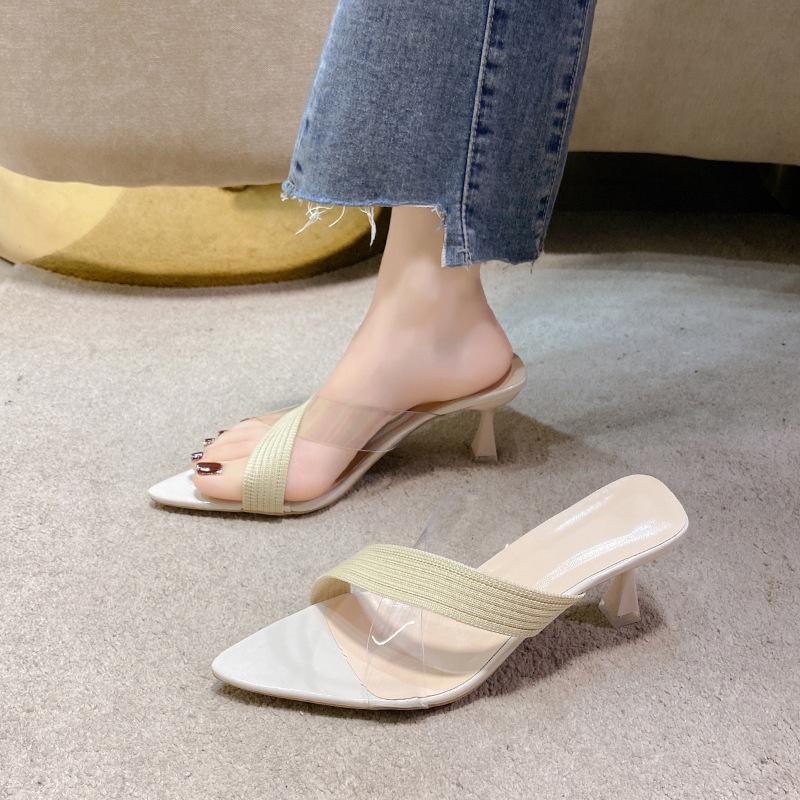 

Pointed high-heeled cross-transparent slippers women s Korean version of one-word slippers women s outer wear summer foreign trade thin-heeled cool sl 35