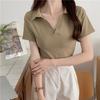 Special Cotton Elastane Polo Short-sleeved T-shirt Women's Summer Slim V-neck Solid Color Short Sweet and Spicy Top