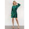Crushed Velvet Long Sleeve Mini Dress Round Neck Tie Waist Loose Fit Pleated Short Dress for Fall Winter Office Party Casual Evening