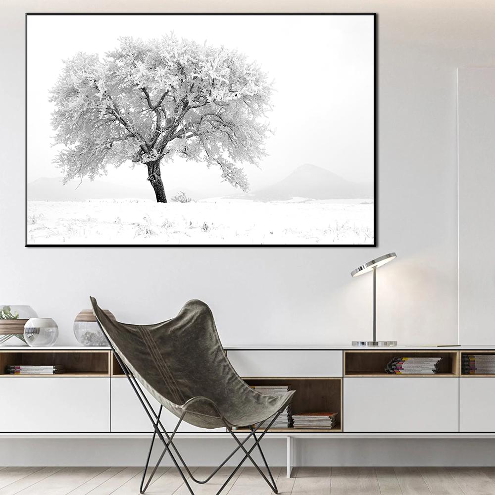 Minimalist Black White Modern Photo Wall Art Canvas Print Poster Winter Nature Sight Picture for Living Room Home Decor Cuadros