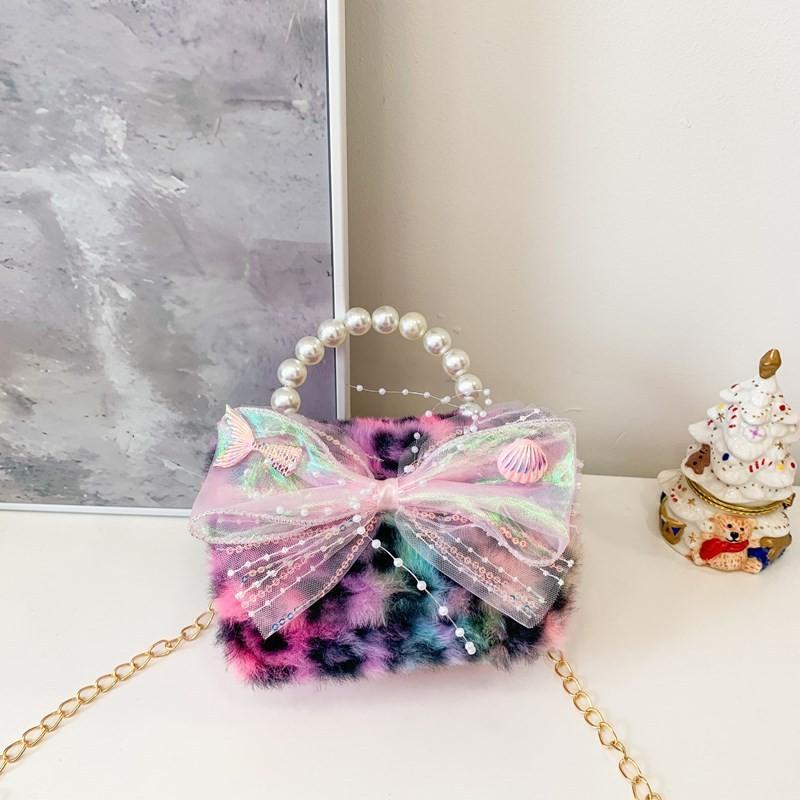And Trendy Stylish Pink And Purple Bowknot Plush Childrens Handbag For Kids