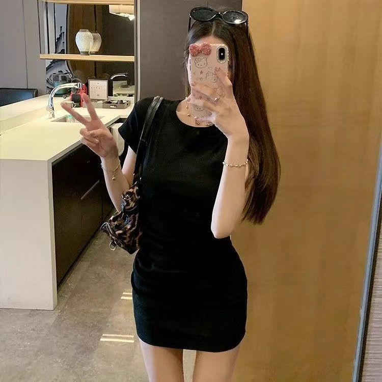 

2026 Summer Grey Bodycon Sheath Dress: Slimming Short Sleeve, Waist-Cinching Pleated Skirt. S (80-90 jin) чорний