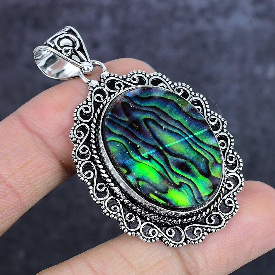 Natural Abalone Shell Gemstone 925 Sterling Silver Jewelry Pendant 2.25" ETC-14044
