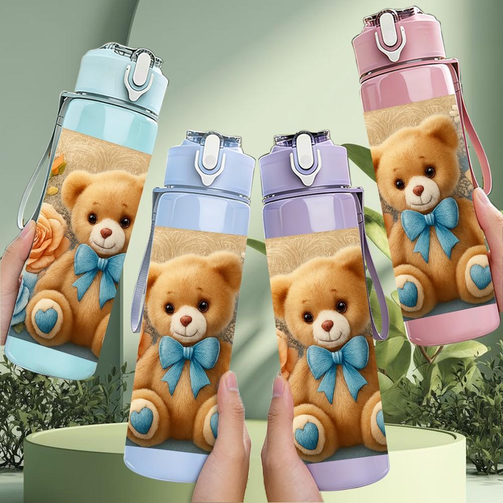 1PC Teddy Bear Rose Floral Print 750ml Color Plastic Sports Water Bottle Leakproof Flip Straw Lid Suitable for Sports Office Home Use