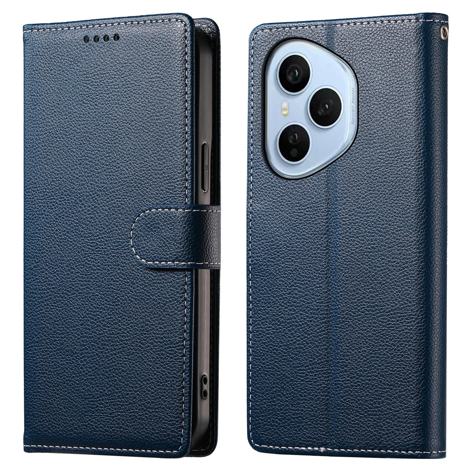 

Для Honor 400 Pro 5G (Глобальный) Чехол-книжка из кожи с текстурой личи, с магнитной застежкой и ремешком на запястье Dark Blue