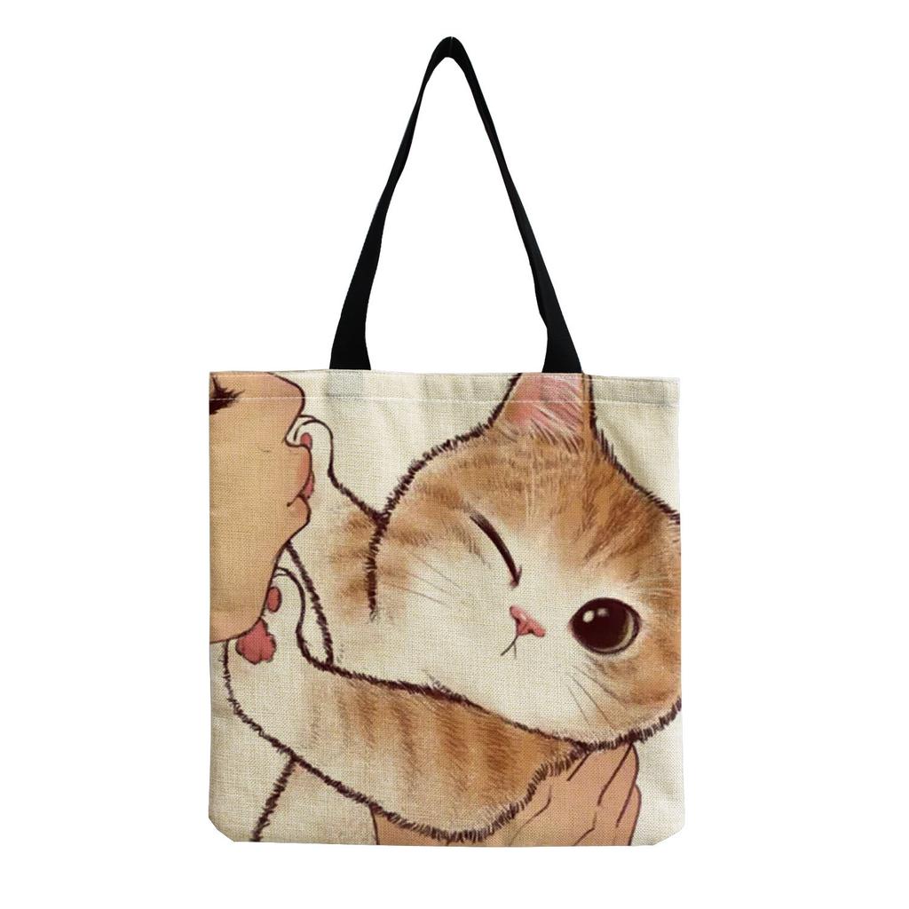Damen Vintage Leinen-Tragetasche - Große Kapazität Katzen-Print Schulter-Handtasche für Freizeit & Lebensmitteleinkauf KTB