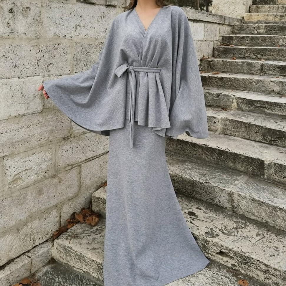 European and American Autumn/Winter Long Loose Cardigan & V-Neck Tie-Up Top with Midi Skirt Set