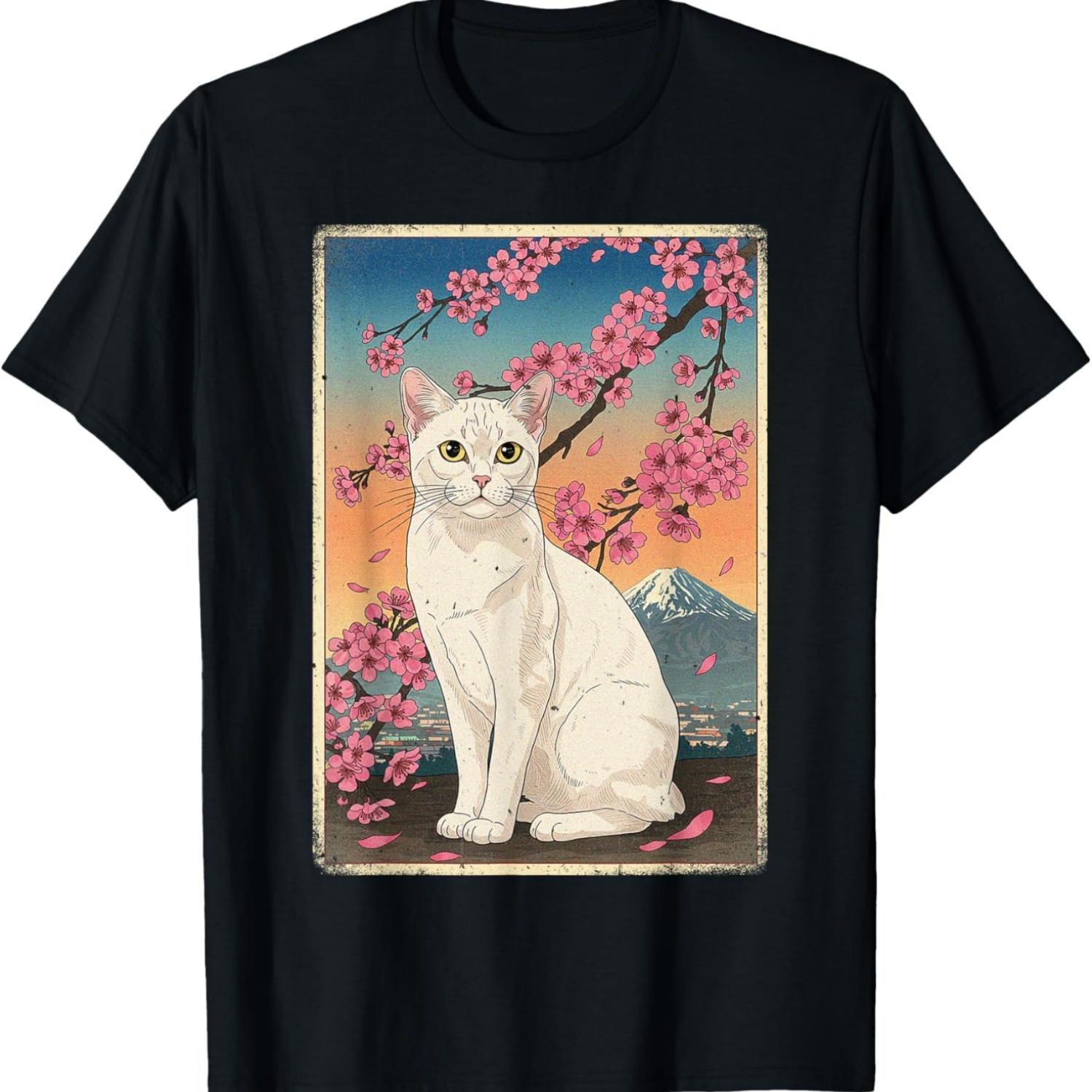 White Cat Mount Fuji Cherry Blossom T-Shirt S чёрный