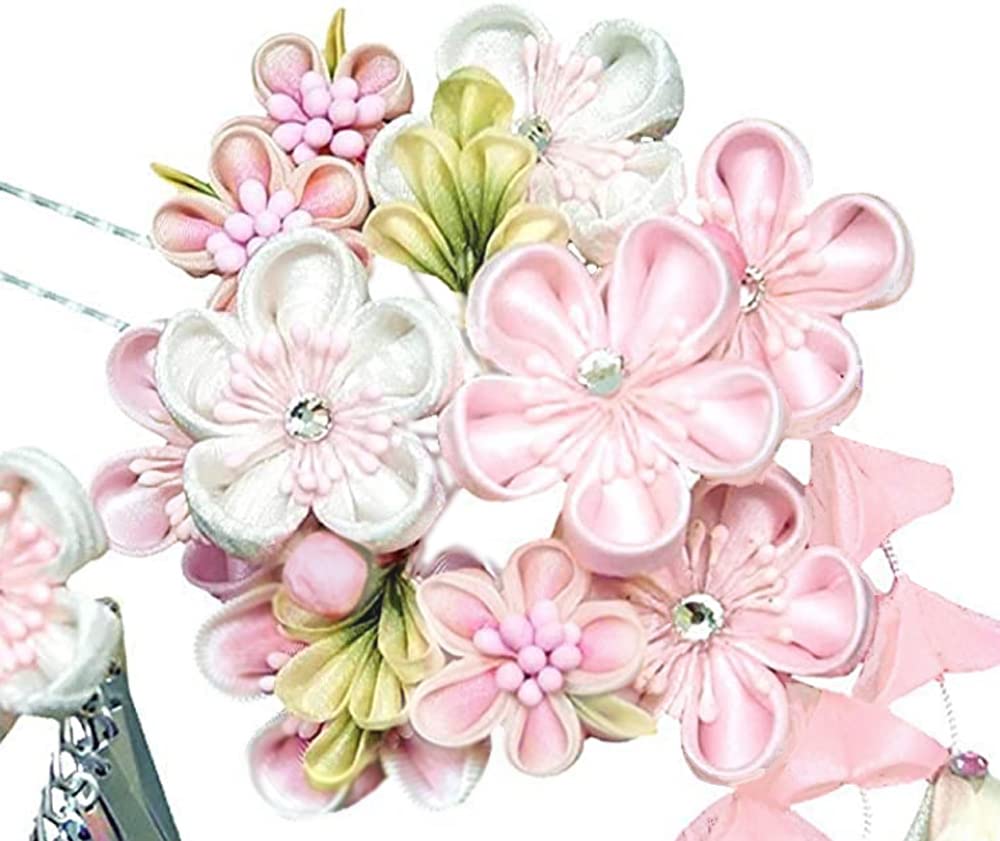 hair ornament set Furisode ceremony Tsumami work pink white silver leaf [Kyoto Usagido] 2-piece coming-of-age wk-279