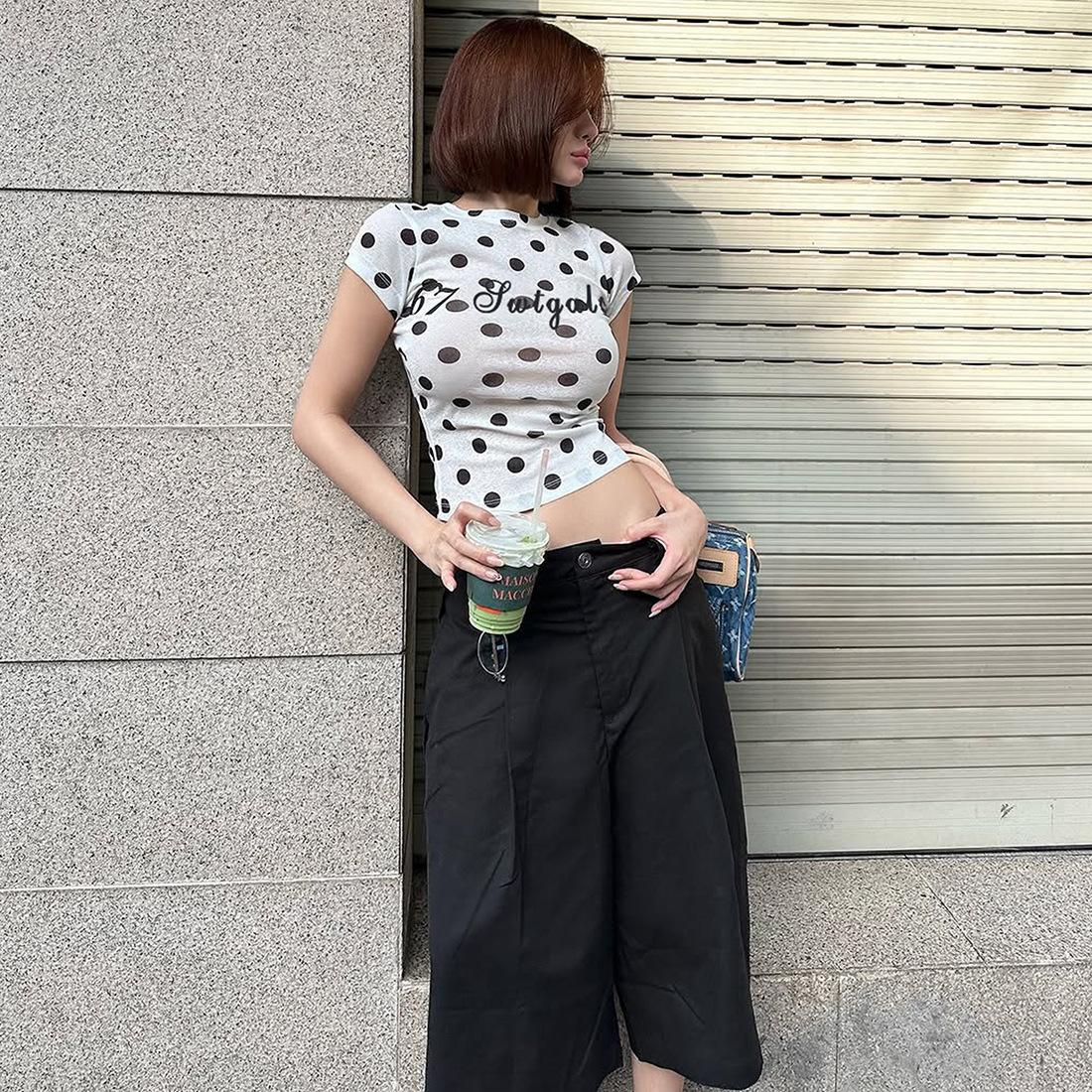 

Autumn new women s clothing Spice Girl crew neck polka dot letter print slim-fit bottoming short-sleeved top S белый