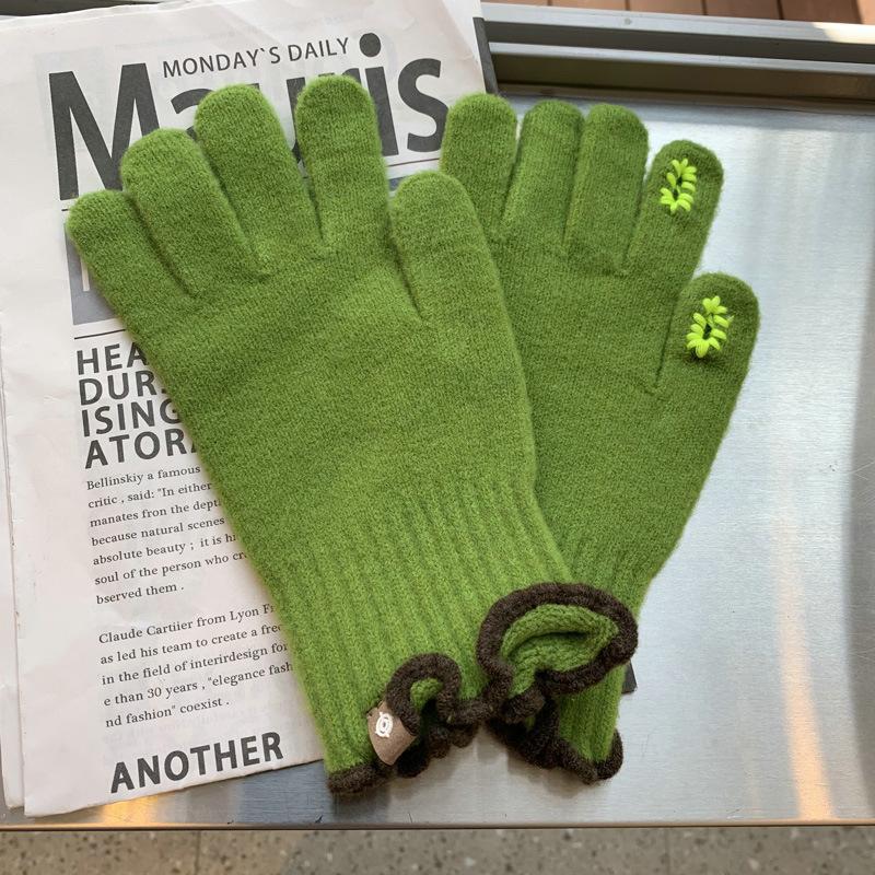 Fashionable Five-finger Glutinous Autumn and Winter Touch Screen Reveals Two Finger Warm Soft Women's Cute Wool Wool