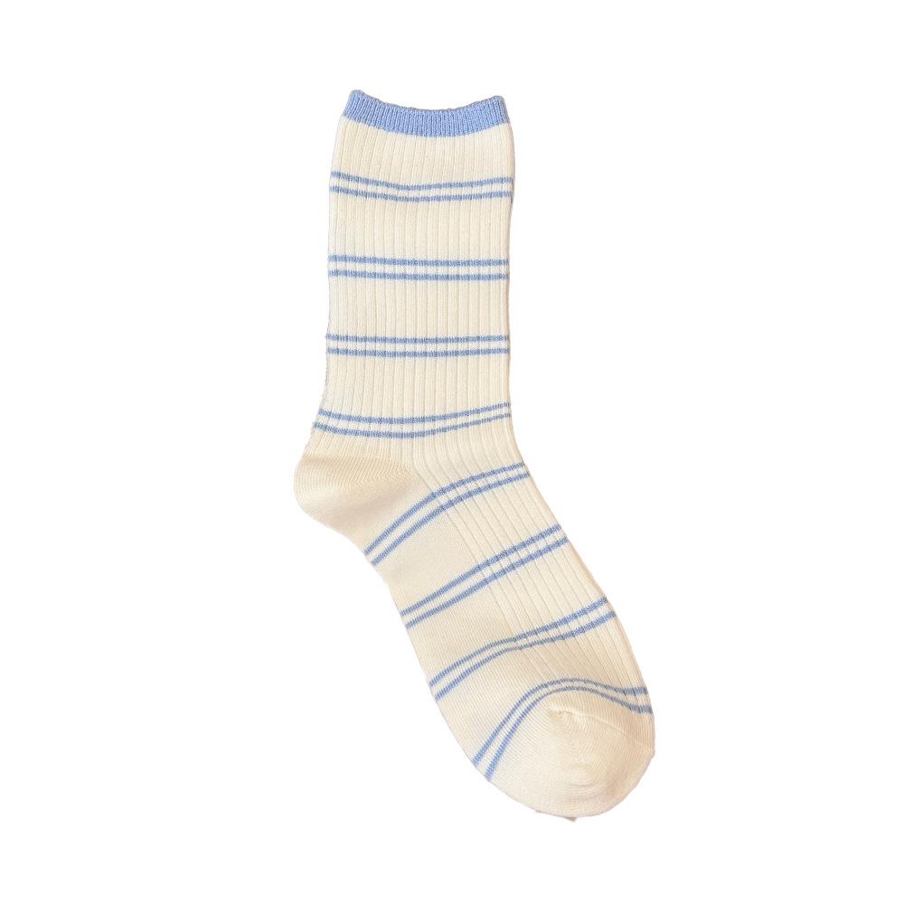 Spring and Summer Women's Socks: Cotton, Light and Fresh, Light Blue Striped Fabric Label, Mid-calf Pile Socks, Sweet Girl Socks