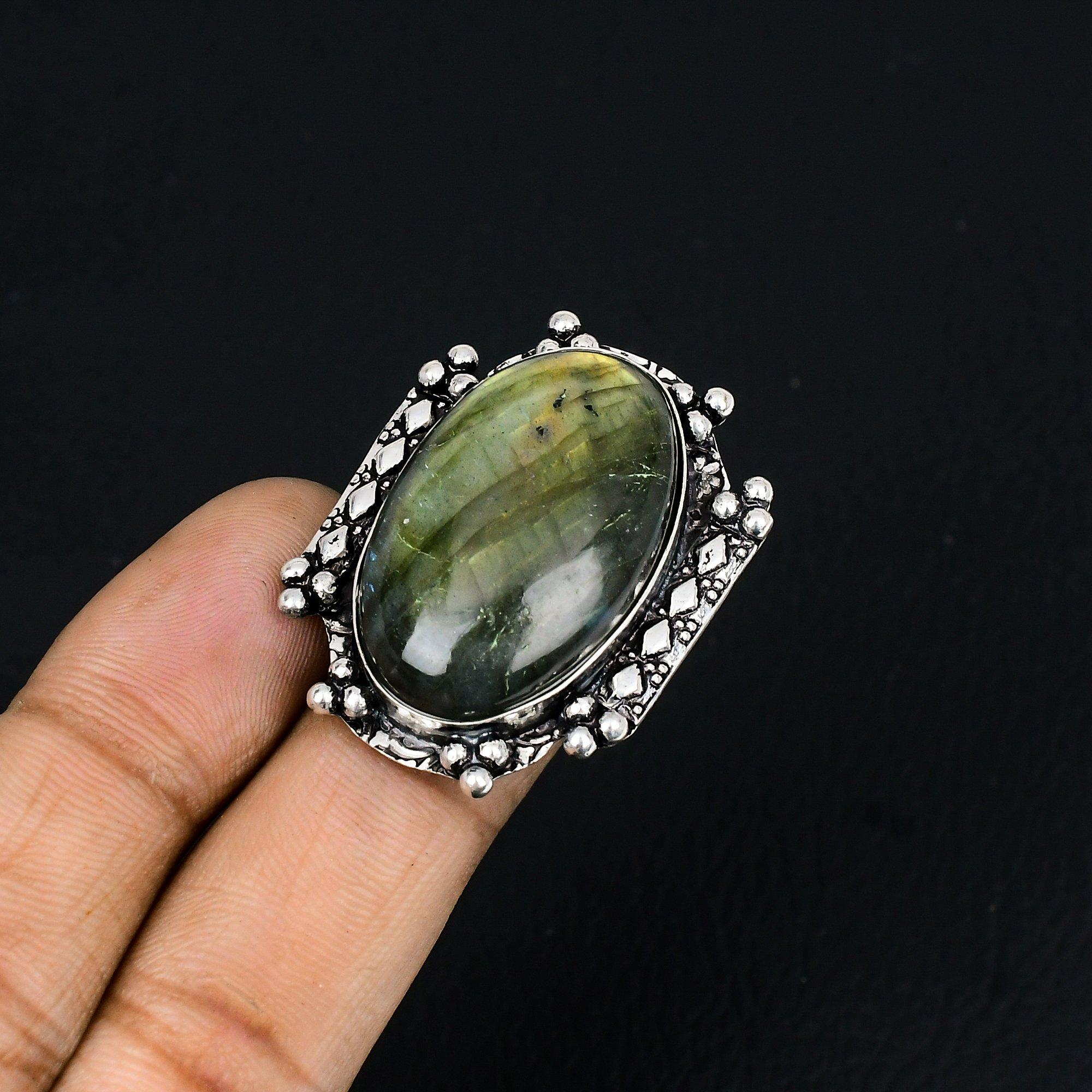 Natural Labradorite Gemstone 925 Sterling Silver Promise Ring Size 7.5 For Girls 7.5