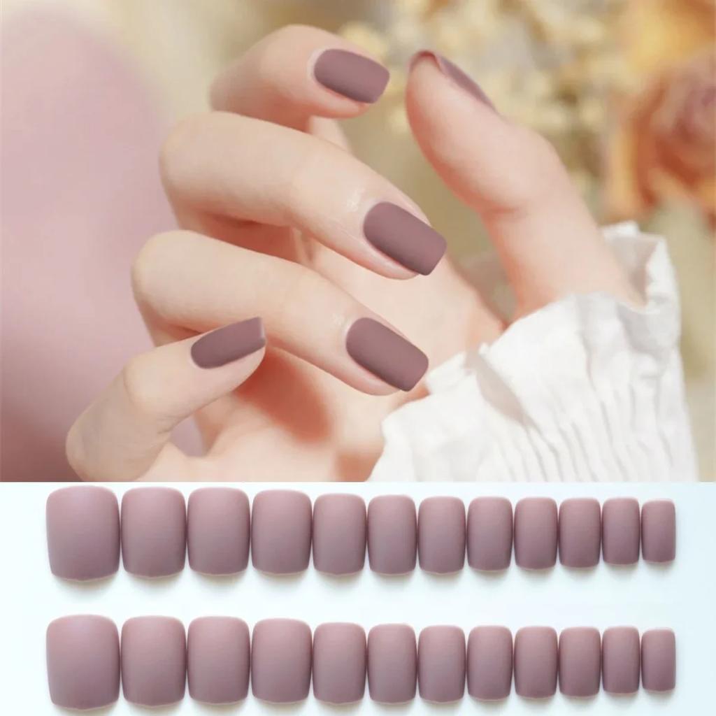 24Pcs Short Matte Ash Purple Press On Nails Full Cover Fake Nails Removable Acrylic Nail Art Decoration