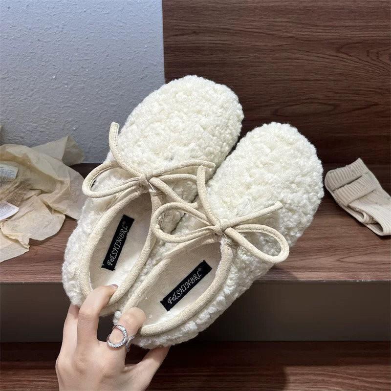 

2025 зима новые удобные туфли на плоской подошве из овечьей шерсти женские туфли-бини с бантом из бархата, теплые хлопковые туфли 40