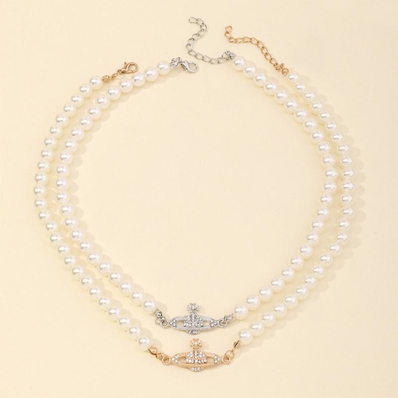 Planet Pearl Choker Necklaces for Women Crystal Rhinestones Pearl Bead Necklaces Ladies Wedding Pearl Bead Chain Neck