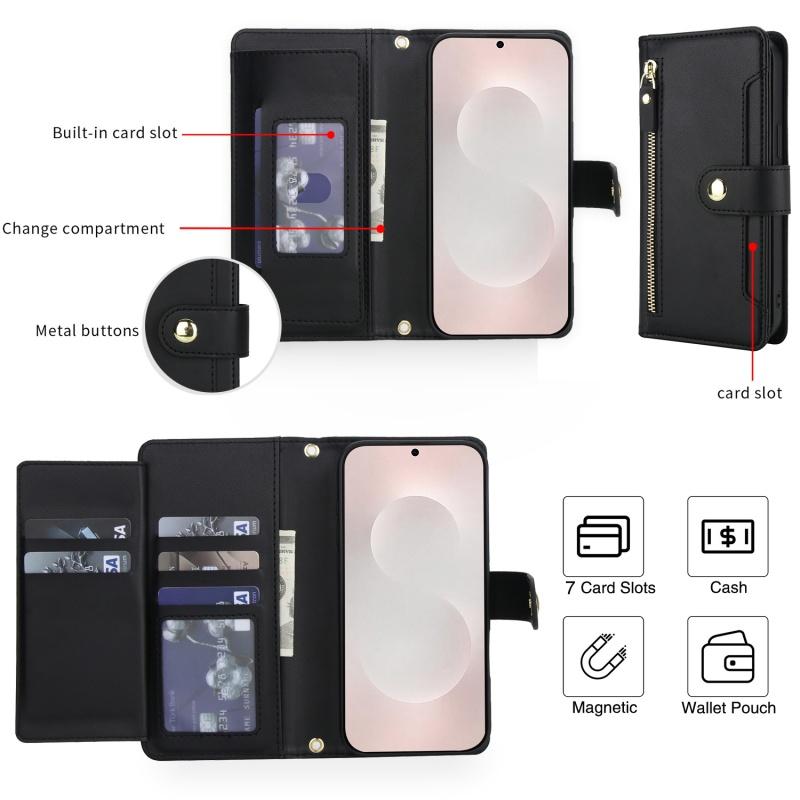 Crossbody Lanyard Leather Zip Wallet Multi Card Phone Case for Samsung Galaxy S25 Edge S24 Ultra S23 Plus S22 S21 FE Flip Cover