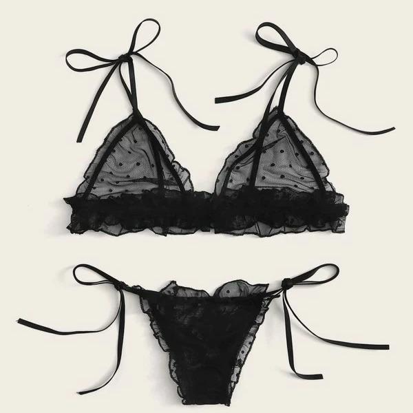 European and American Mesh See-Through Sexy Lingerie Set - Three Pieces
