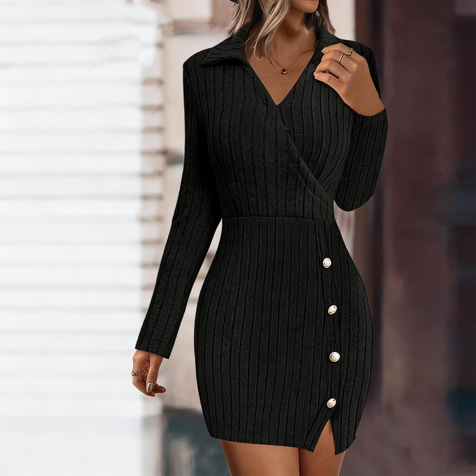 Ladies  Fashionable Casual Knitted Color V-neck Long Sleeved Dress S чёрный